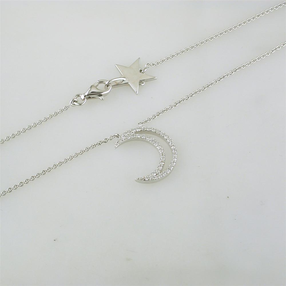 A. Link 18k White Gold Small Diamond Crescent Moon Pendant Necklace "