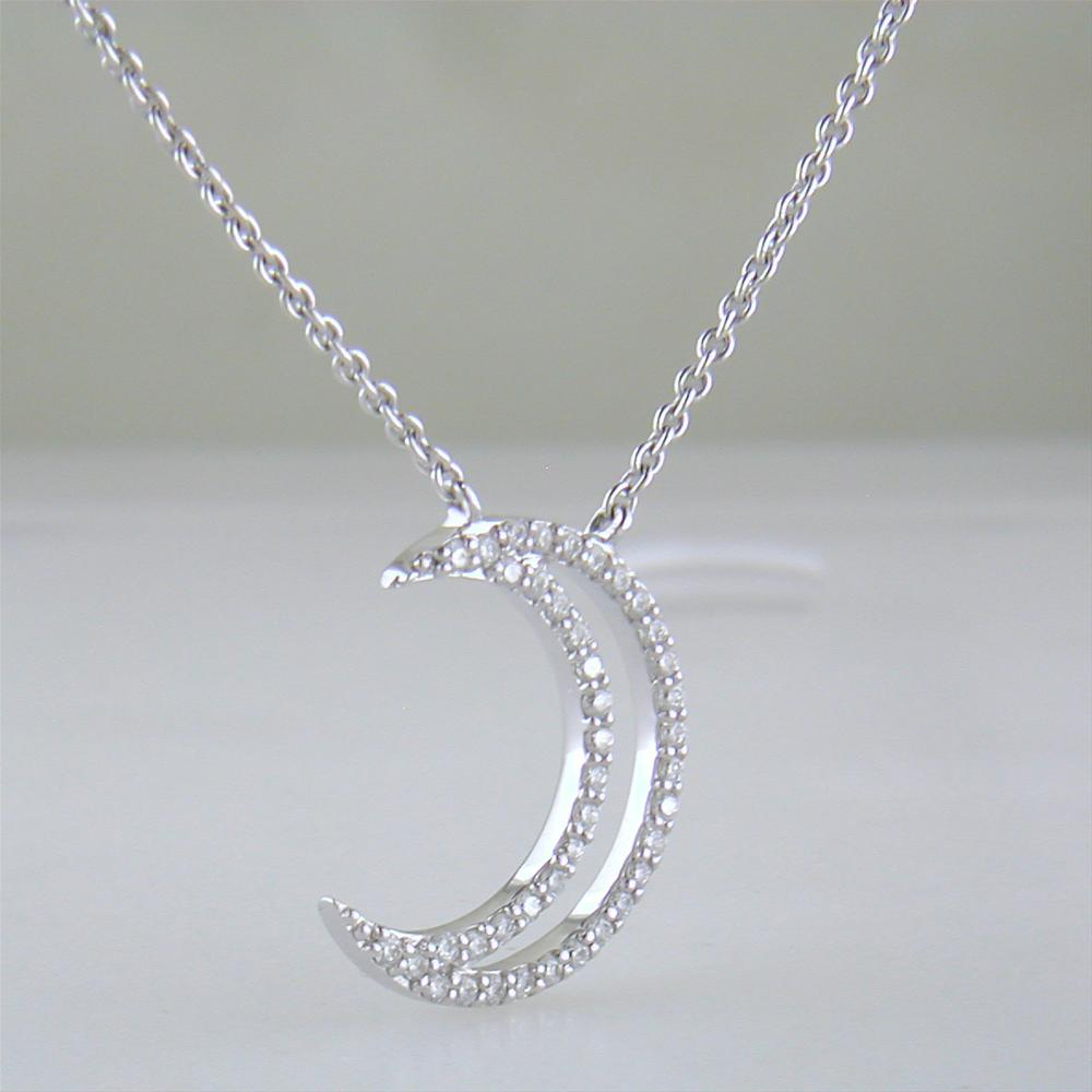 A. Link 18k White Gold Small Diamond Crescent Moon Pendant Necklace "