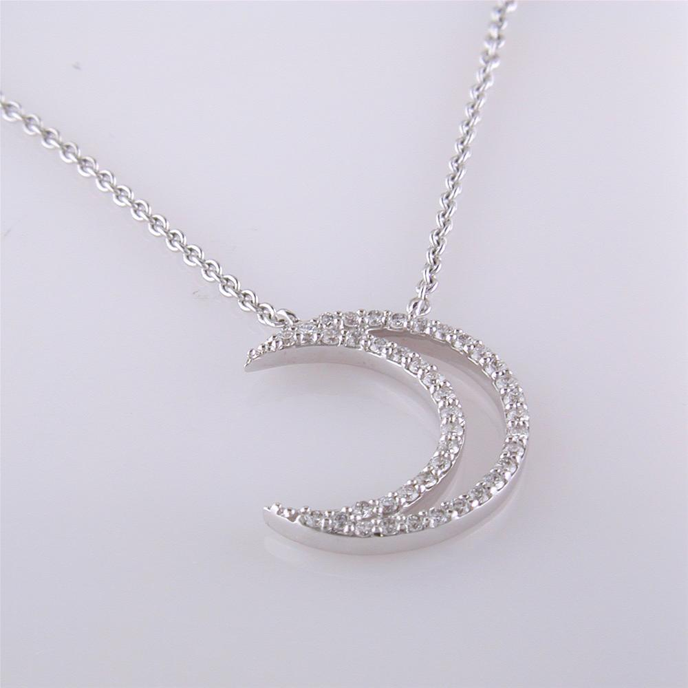 A. Link 18k White Gold Small Diamond Crescent Moon Pendant Necklace "