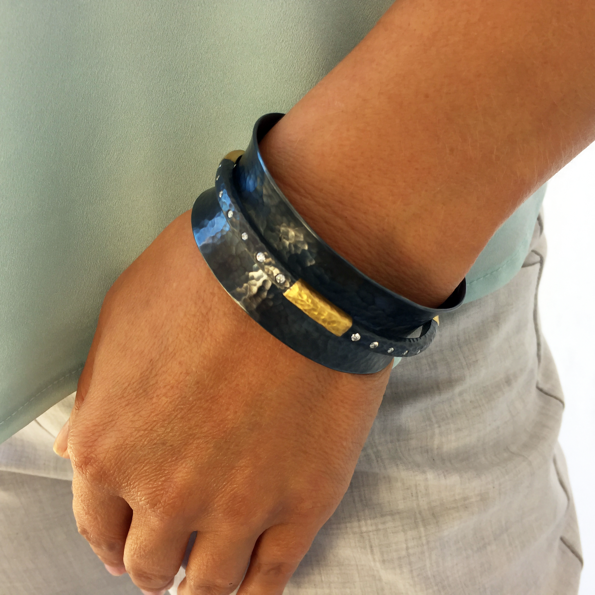 Lika Behar Ancora Open Cuff Bracelet Sterling Silver 24K Yellow Gold Diamonds