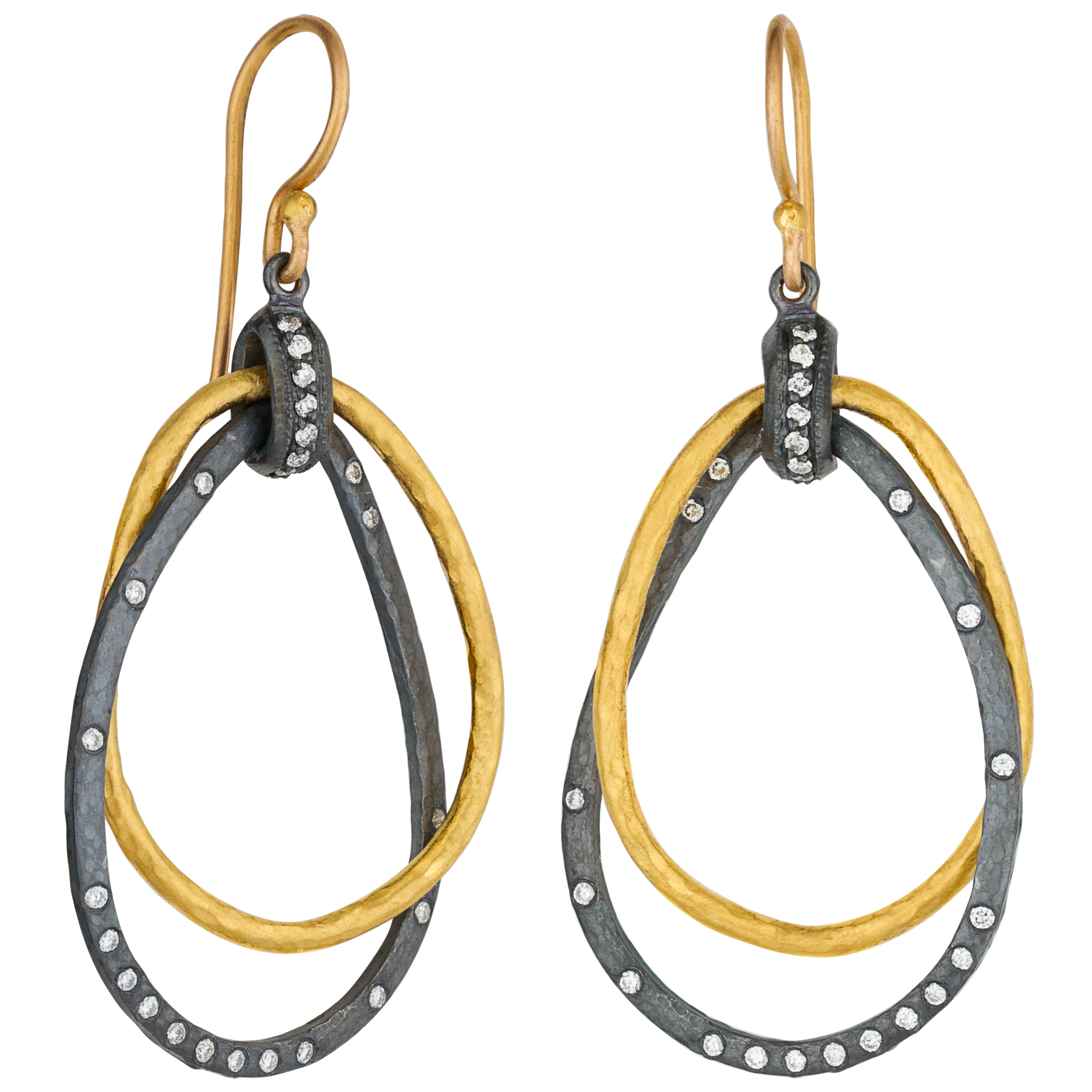 Lika Behar "Kelly" Triple Teardrop Dangle Earrings Sterling & 24K Gold with Diamonds