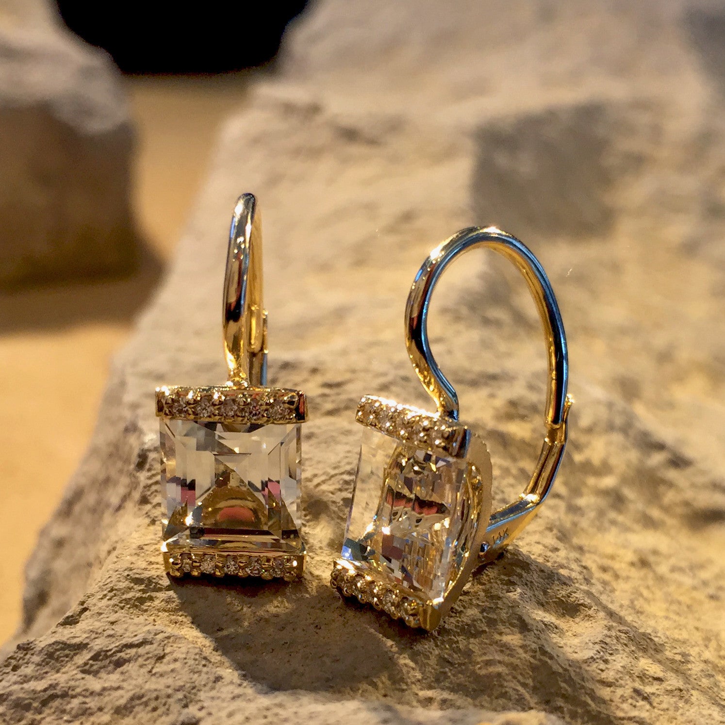 Jane Taylor Rosebud white Topaz & Diamond Yellow Gold Earrings on the rocks