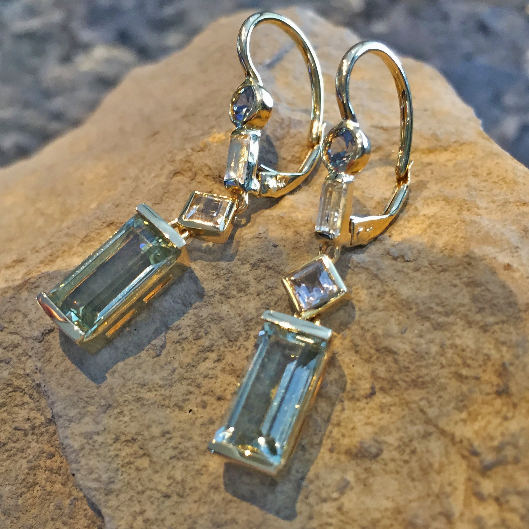 Jane Taylor Cirque Gold Earrings Green Quartz, Sapphire White Topaz
