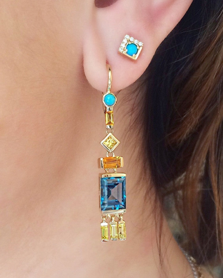 Jane Taylor Cirque Square 14K Yellow Gold Stud Earrings Turquoise & Diamonds