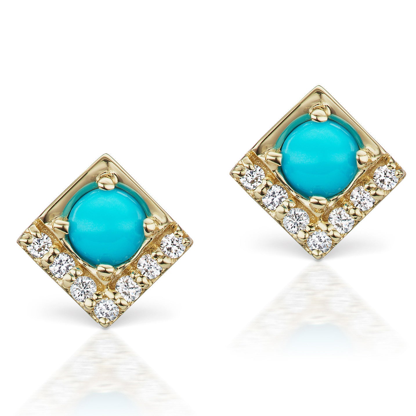 Jane Taylor Cirque Square 14K Yellow Gold Stud Earrings Turquoise & Diamonds