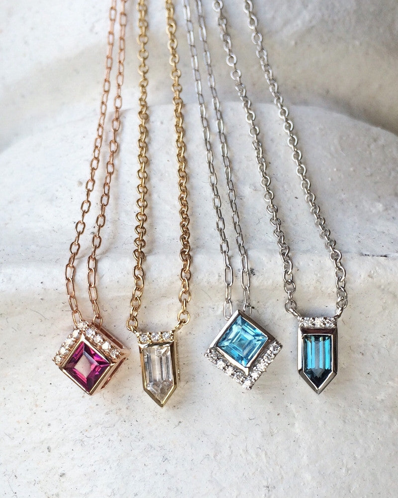 Jane Taylor Cirque Petite Square Blue Topaz Necklace Pendant 14K White Gold
