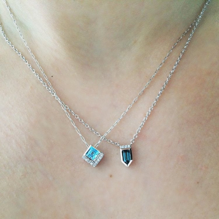 Jane Taylor Cirque Petite Square Blue Topaz Necklace Pendant 14K White Gold