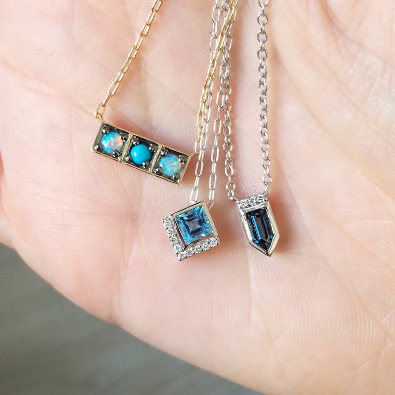 Jane Taylor Cirque Petite Square Blue Topaz Necklace Pendant 14K White Gold