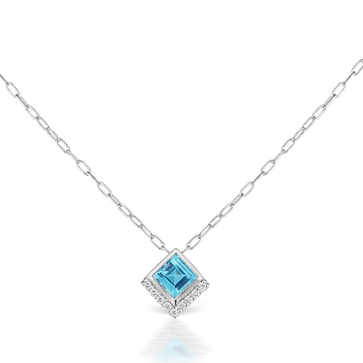 Jane Taylor Cirque Petite Square Blue Topaz Necklace Pendant 14K White Gold