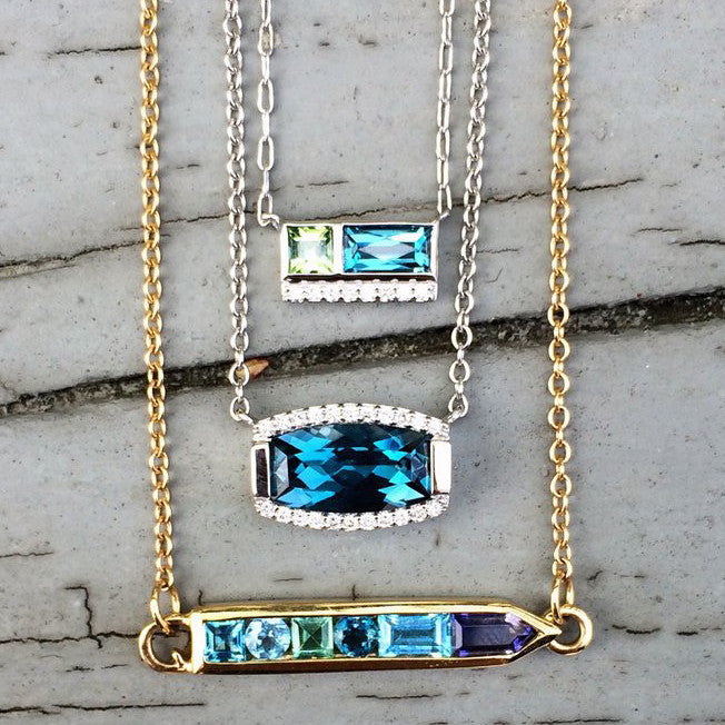 Jane Taylor Cirque Petite 2-Stone Necklace Blue Topaz & Green Tourmaline Yellow Gold