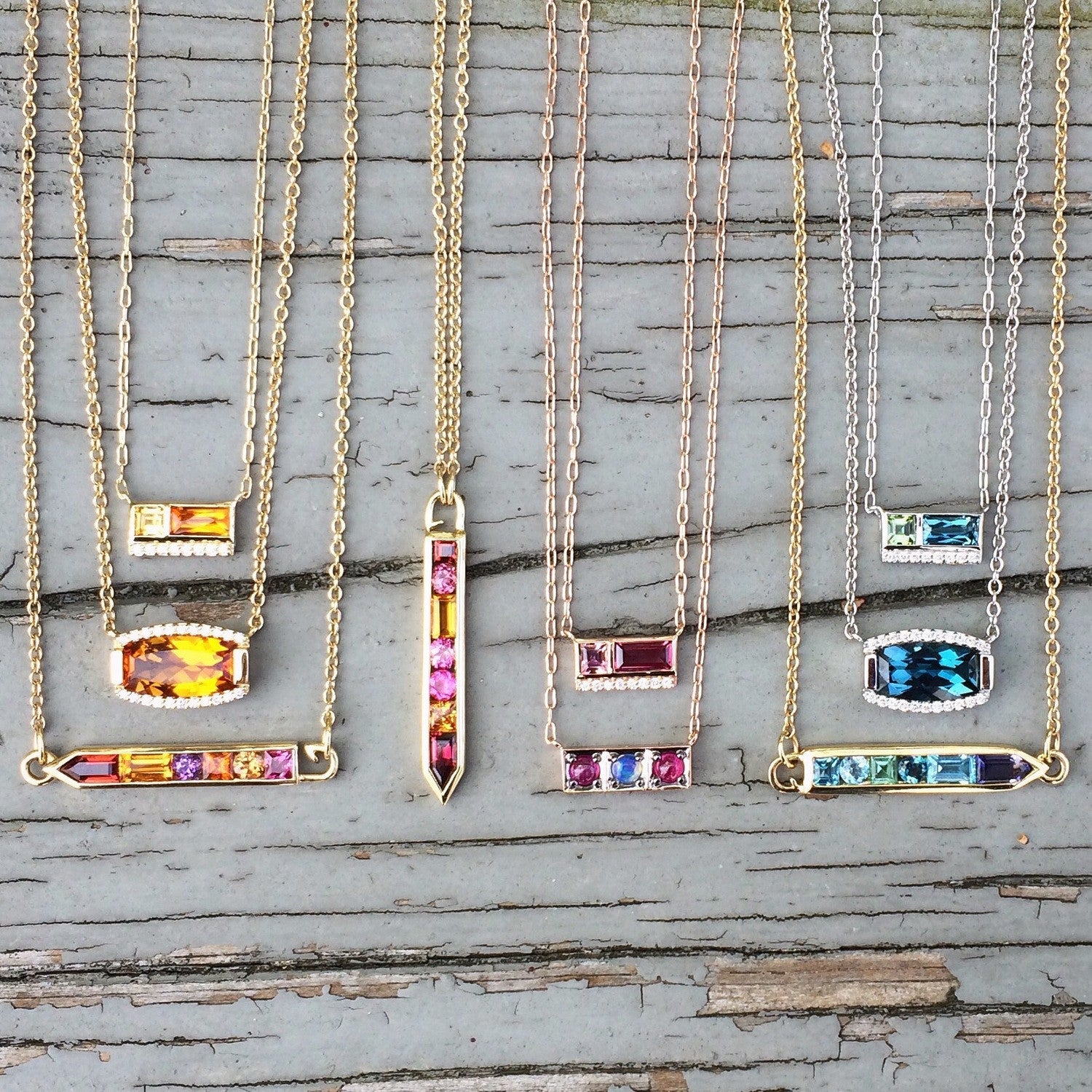 Jane Taylor Cirque Petite 2-Stone Necklace Blue Topaz & Green Tourmaline Yellow Gold