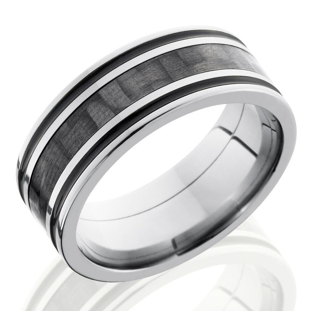 Lashbrook 8mm Titanium Men's Flat Wedding Band Ring with 3mm Carbon Fiber Inlay