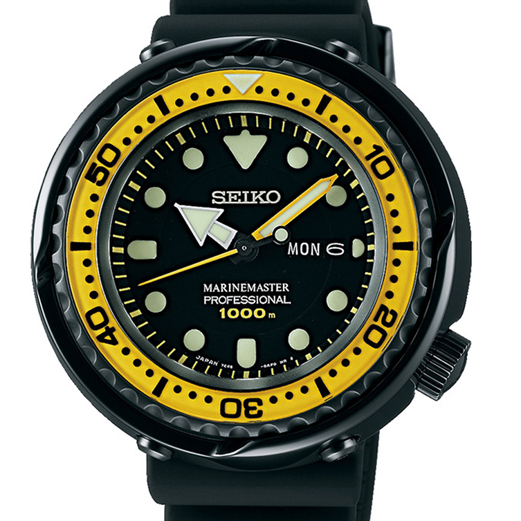 Seiko Prospex Marine Master Quartz Black & Yellow Titanium Bezel Watch SBBN027