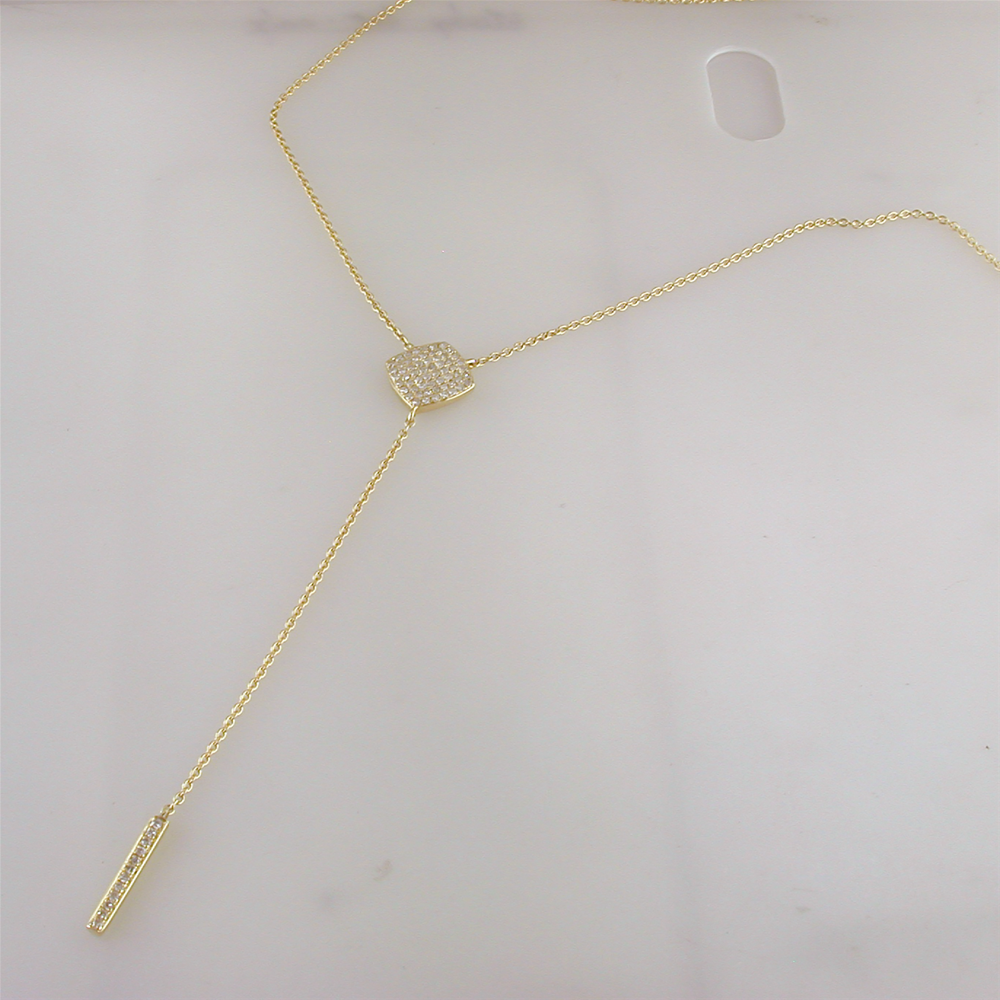 Doves Pave Diamond Cushion Shaped Lariat Dangle Drop Yellow Gold Necklace