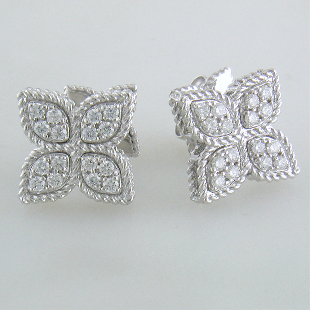 Roberto Coin Princess Flower Diamond Medium Stud Earrings 18K White Gold
