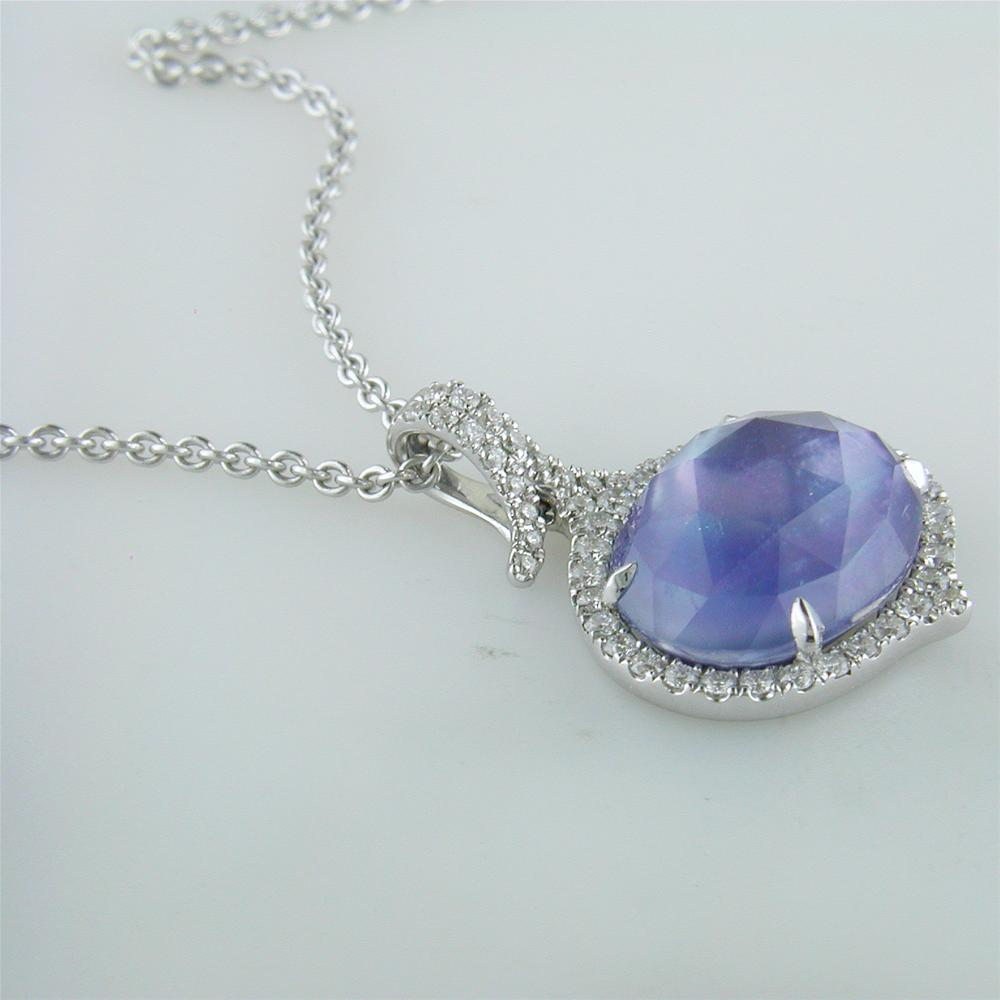 Doves Ivory Sky Blue Lapis, Mother of Pearl, & Topaz Diamond Halo Oval Pendant Necklace