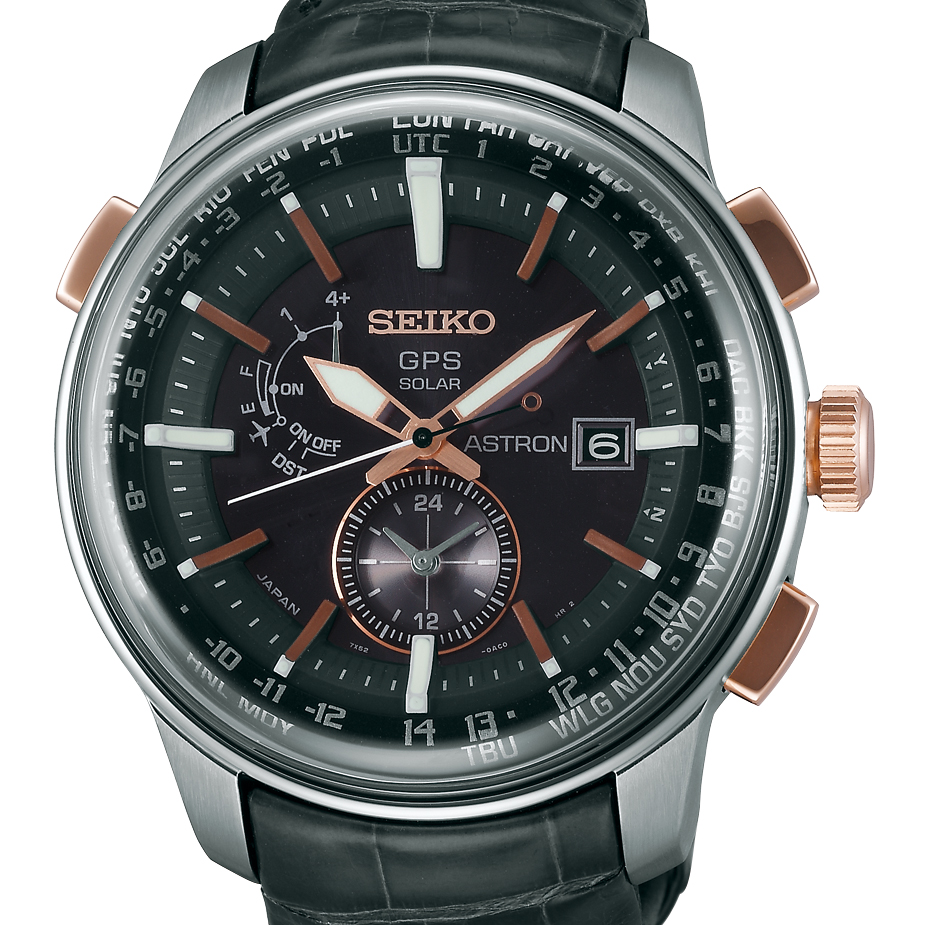 Pre-owned Seiko Astron Solar GPS Steel & Rose Gold 48mm Watch, Crocodile Strap SAS038