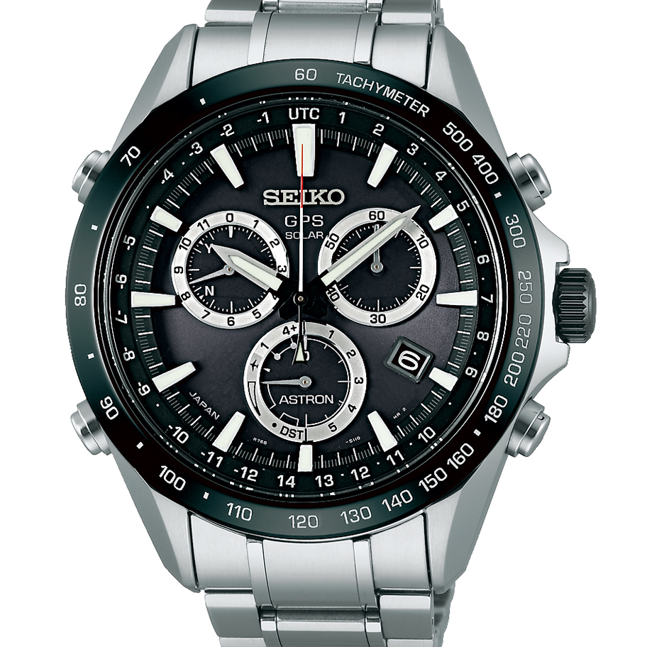 Seiko Astron GPS Solar 44.6mm Watch Stainless Steel with Ceramic Bezel Black Dial SSE011