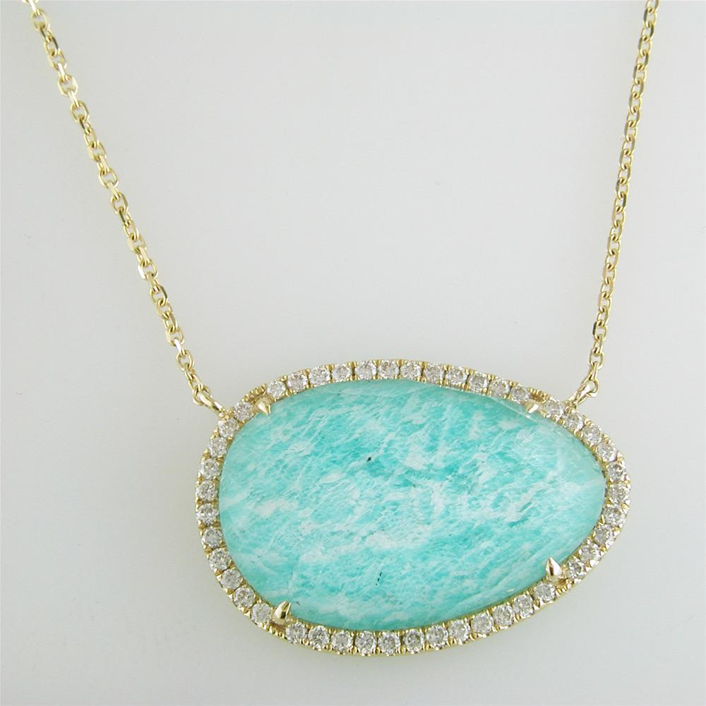 Doves White Topaz Amazonite Oval Doublet Drop Diamond Halo Pendant Necklace