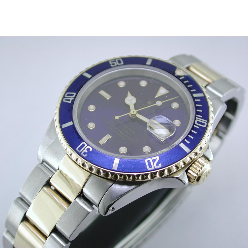 Rolex Blue Submariner Watch 16613 Dial Yellow Gold Steel Oyster 1995 16613