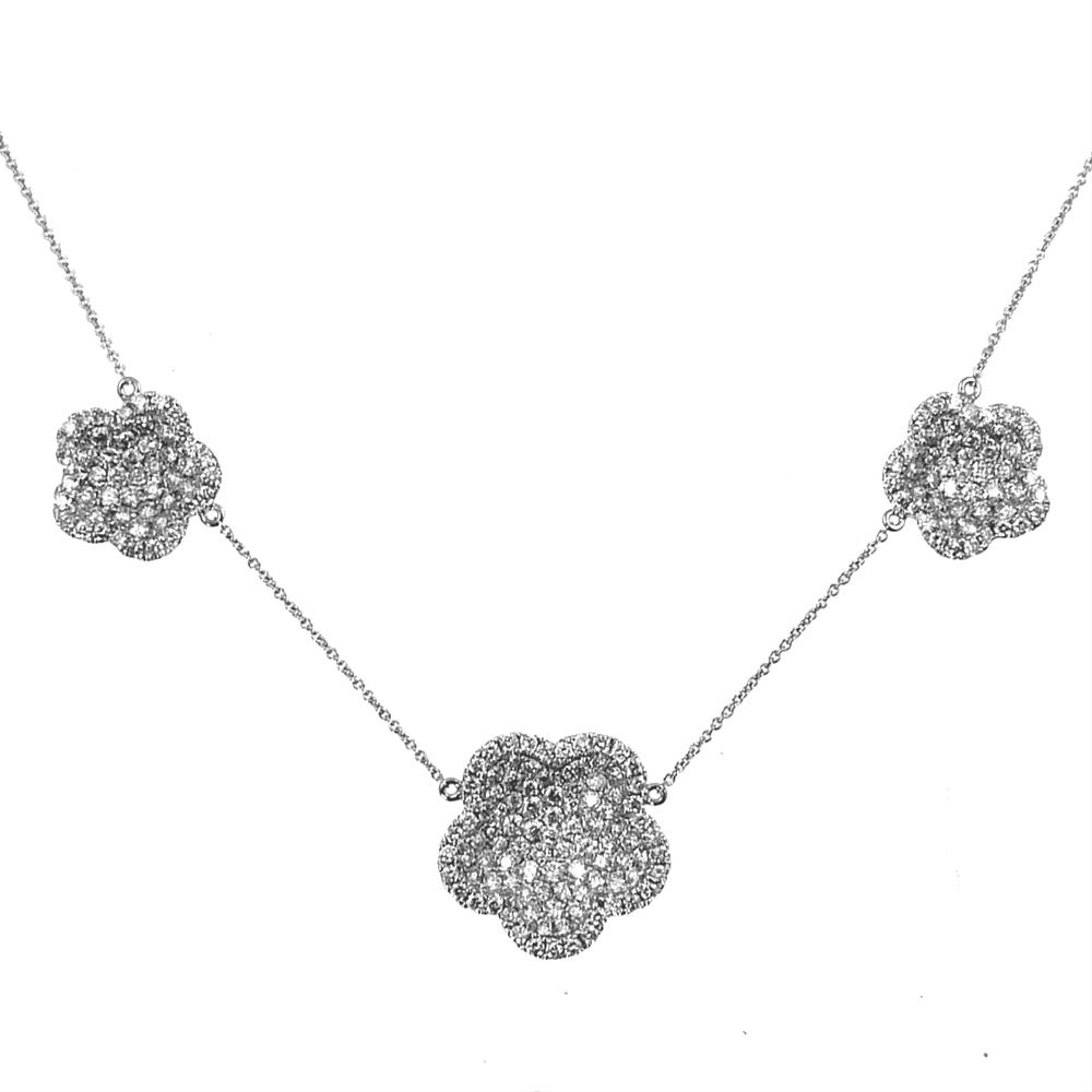 Doves Diamond Triple Clover Flower Cup White Gold Necklace 18K