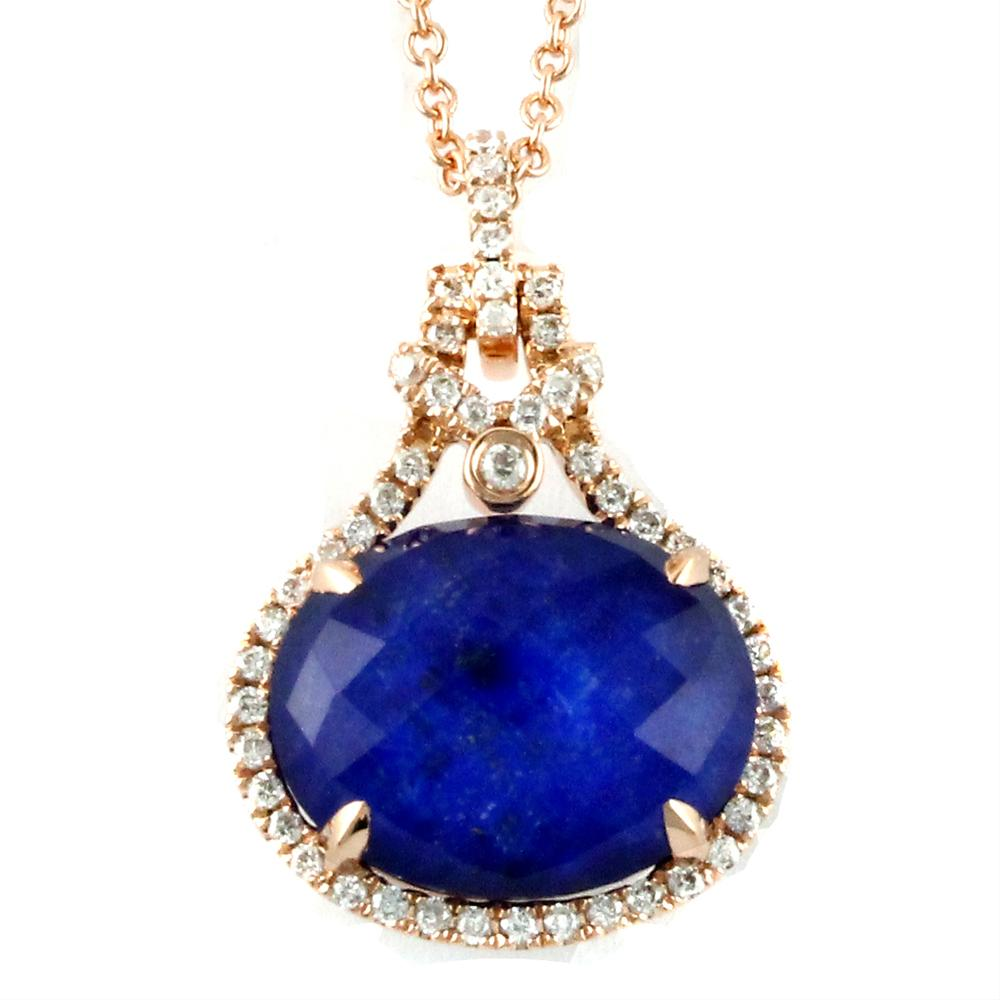 Doves Blue "Royal Lapis" & Diamond Oval Rose Gold Pendant Necklace