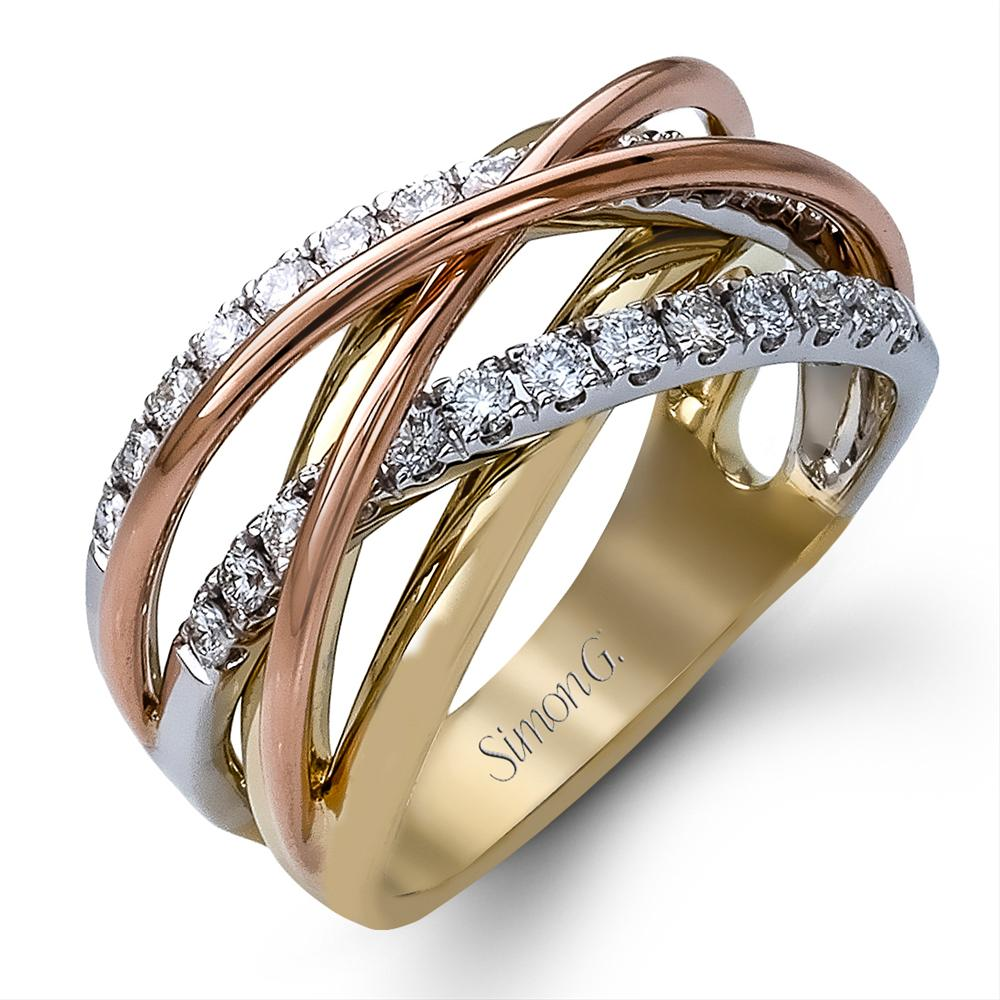 Simon G. Fabled Tri-color Yellow, White, Rose Gold Diamond Crossover Ring MR1854