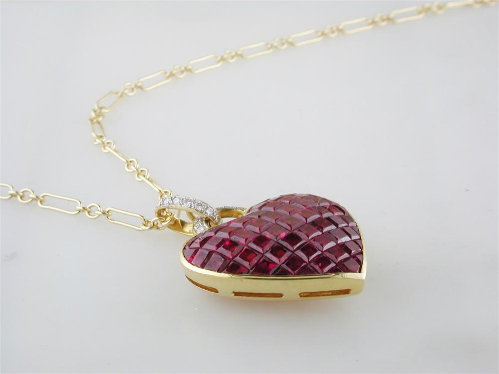 Vintage Estate Invisible Set Ruby Gold Heart Pendant Necklace