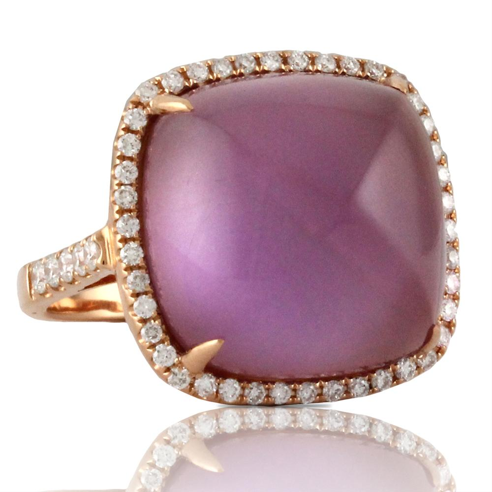 Doves "Viola" Cushion Loaf Cut Amethyst & Mother of Pearl Rose Gold Diamond Ring