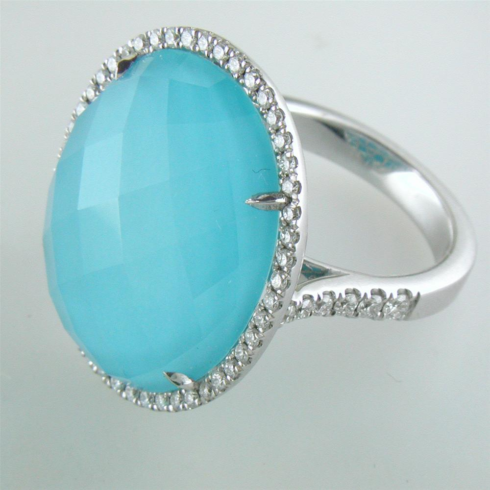 Doves "St. Barths" Blue Turquoise, White Topaz, & Diamond Halo White Gold Blue Oval Ring
