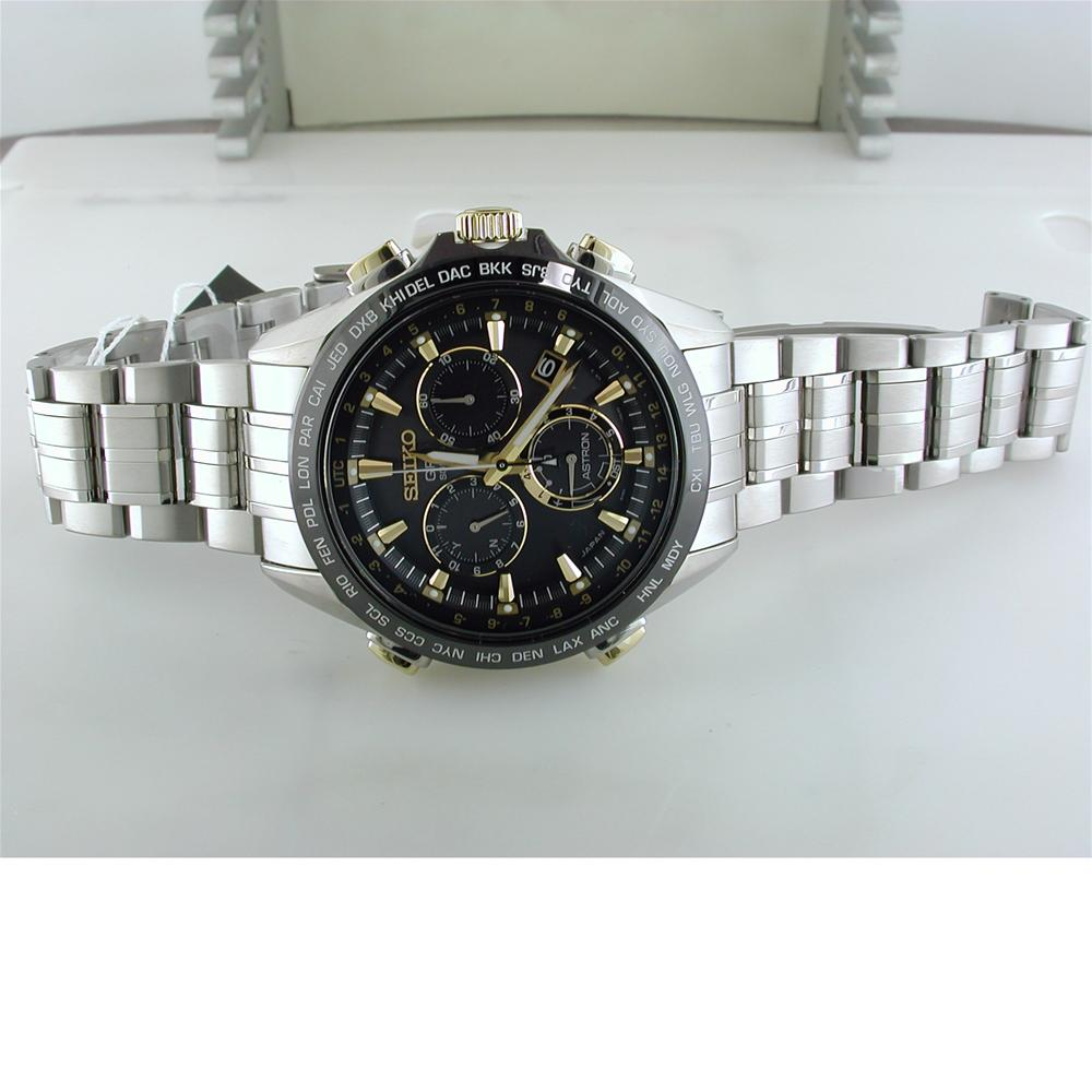 Seiko Astron GPS Solar 44.6mm Watch Titanium with Yellow Gold & Ceramic Bezel Black Dial Series 8X82 SSE007