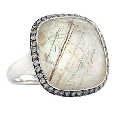Doves "Angel Hair" Rutilated White Quartz & Diamond White Gold Ring
