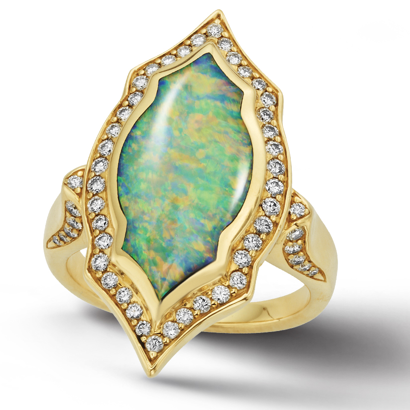 Kabana Opal Inlay Yellow Gold Diamond Gothic Ring GRIF553XX