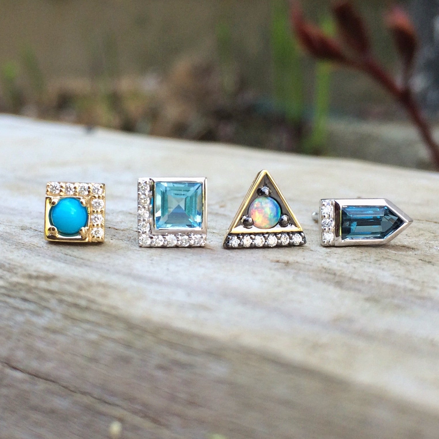 Jane Taylor Cirque Square 14K Yellow Gold Stud Earrings Turquoise & Diamonds
