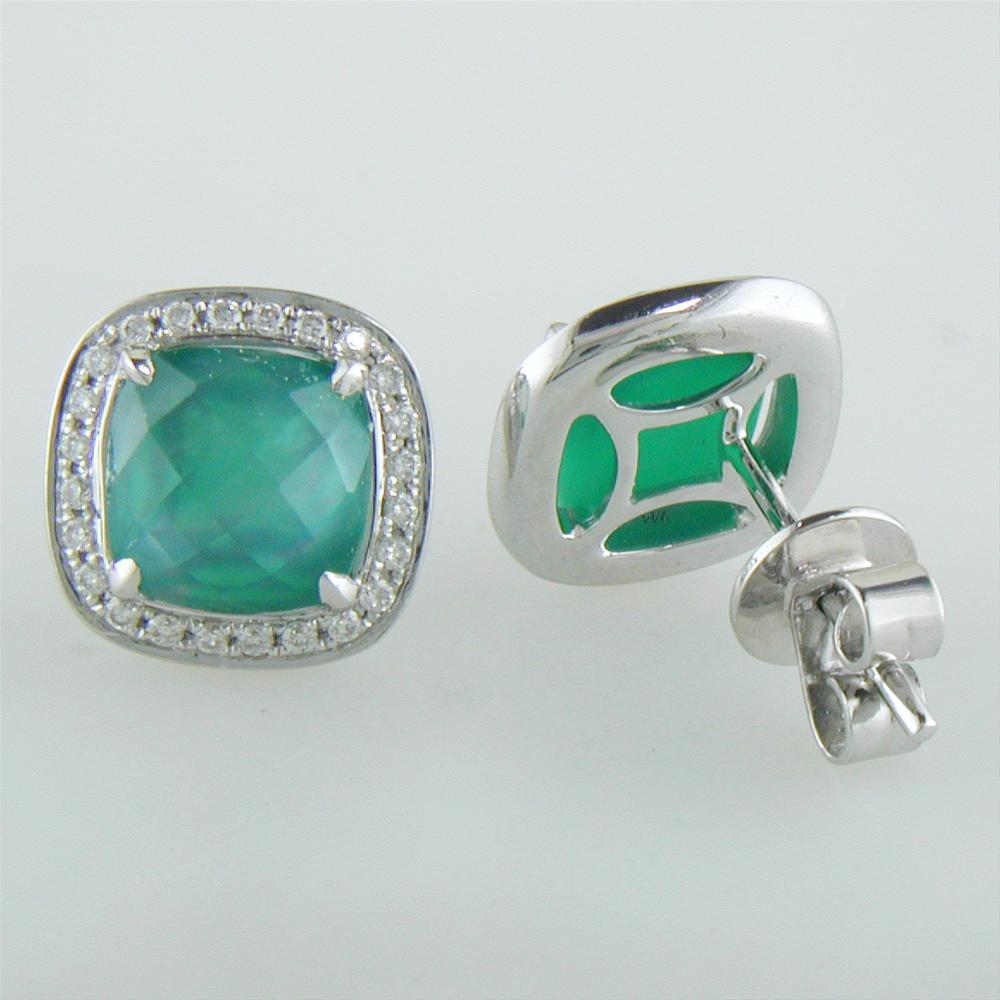 Doves "Cypress Grove" Green Amethyst Mother of Pearl, & Agate Cushion Shape Stud Earrings with Diamond Halo