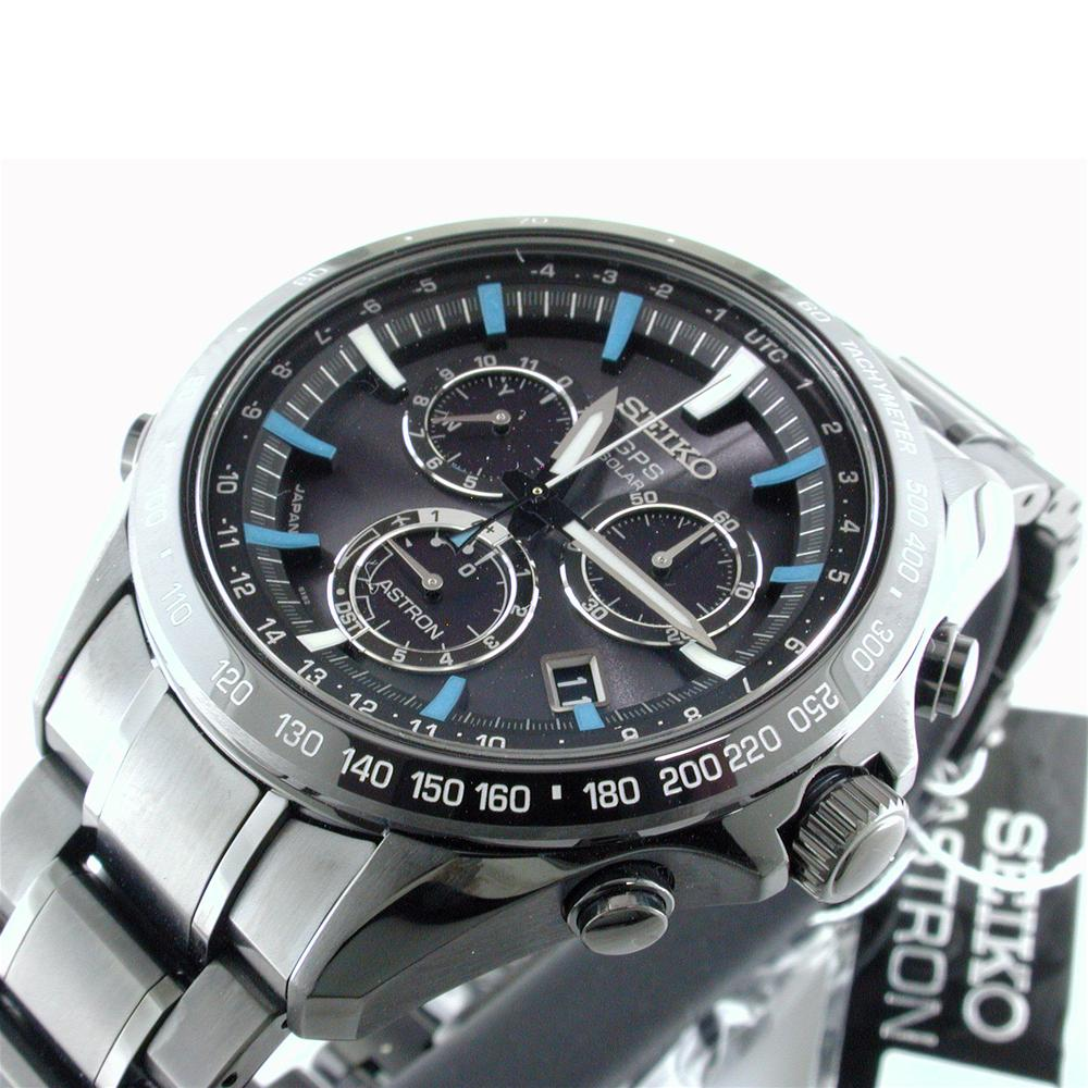 Seiko Astron Solar GPS Ceramic Black Stainless Blue 44.6mm Watch SSE013