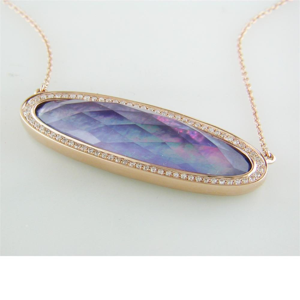 Doves "Parisian Plumb" Purple Amethyst, Lapis, Mother of Pearl Elongated Oval Shape Pendant Necklace with Diamond Halo