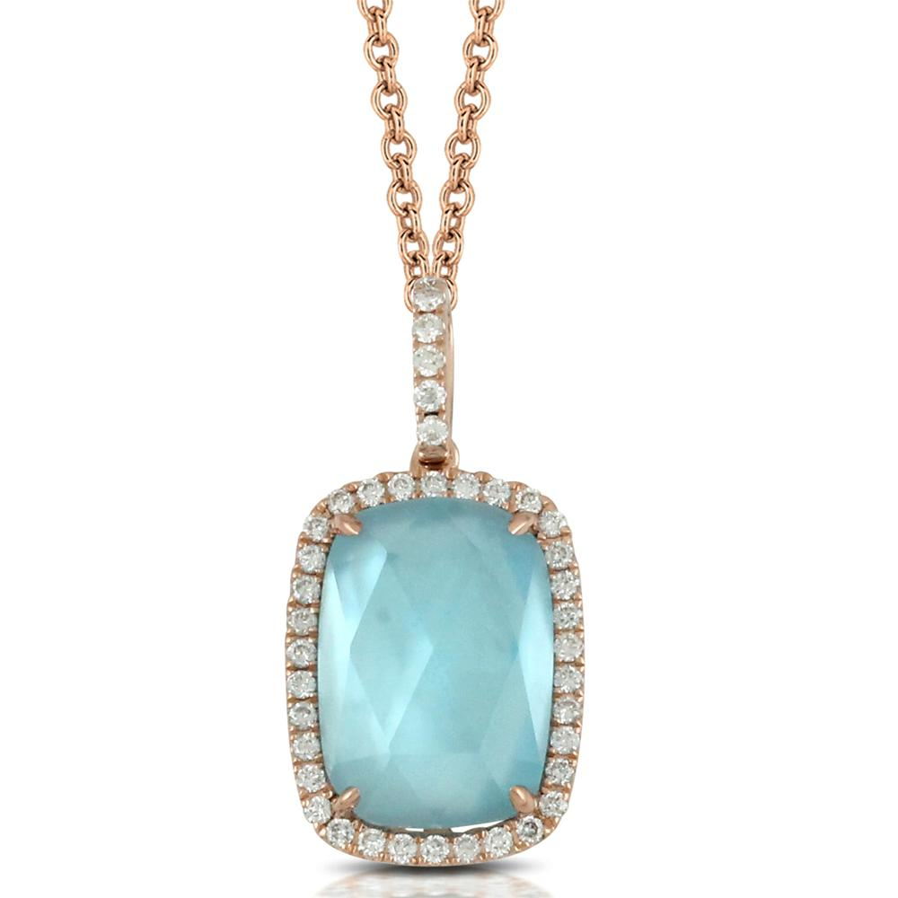 Doves "Ocean Mist" Blue Topz & Mother of Pearl Cushion Shape Halo Pendant Necklace