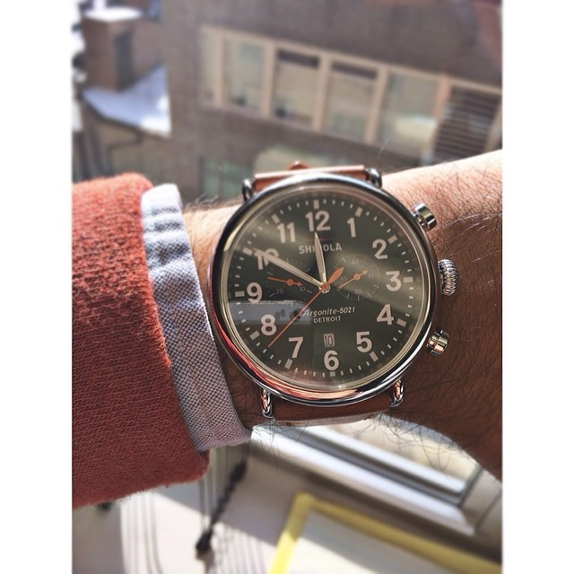 Shinola Runwell Chronograph Green Dial Brown Leather 47mm Men's Watch S0110000050