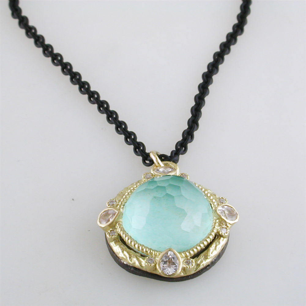Armenta Round Enhancer with Green Turquoise & Quartz Doublet Oxidized Silver & Yellow Gold Necklace