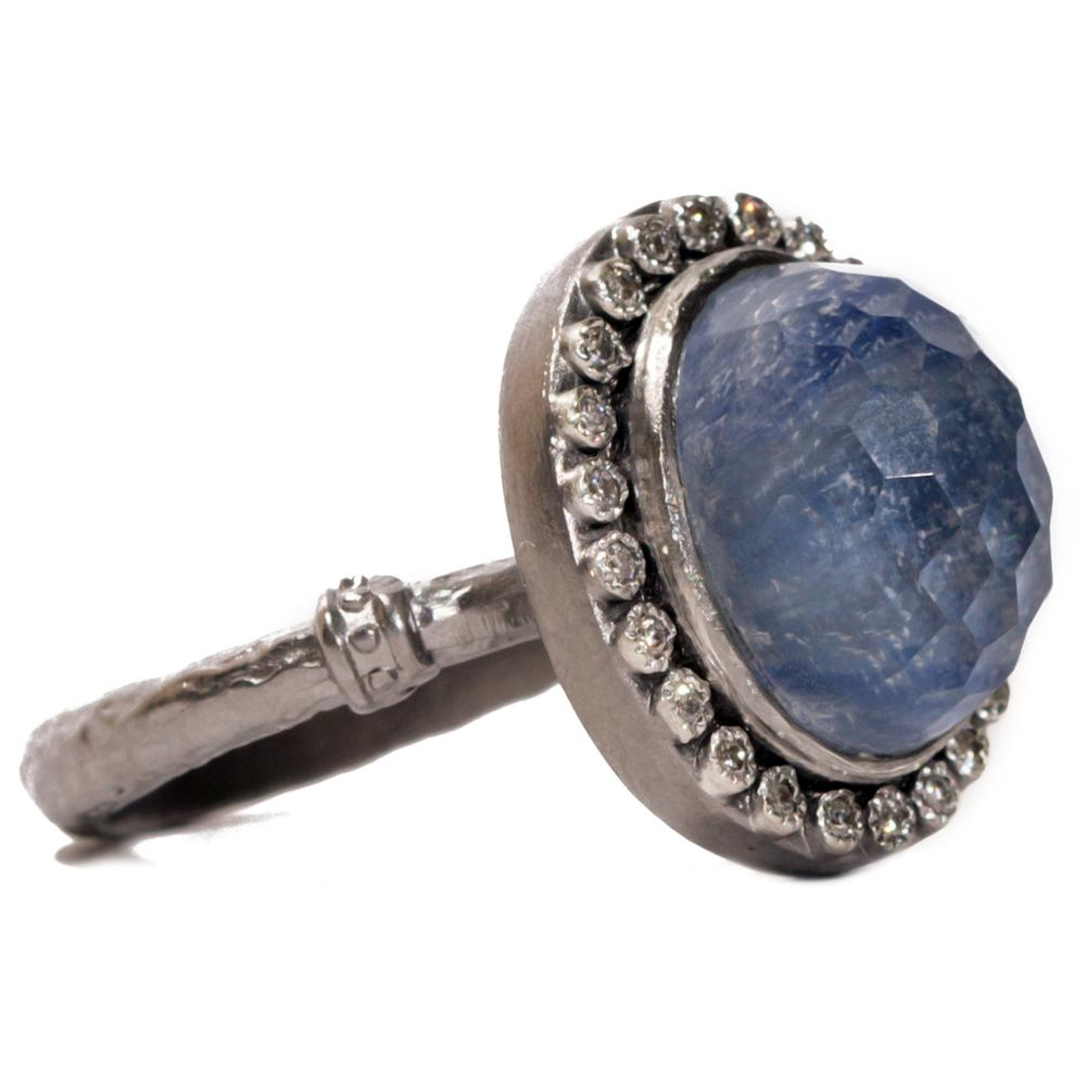 Armenta Kyanite & Quartz Old World Oxidized Silver Ring with Diamond Halo