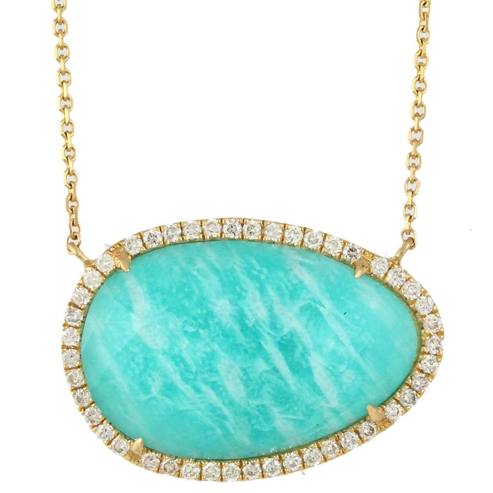 Doves White Topaz Amazonite Oval Doublet Drop Diamond Halo Pendant Necklace
