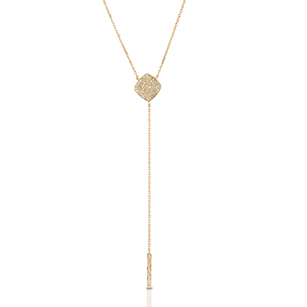 Doves Pave Diamond Cushion Shaped Lariat Dangle Drop Yellow Gold Necklace