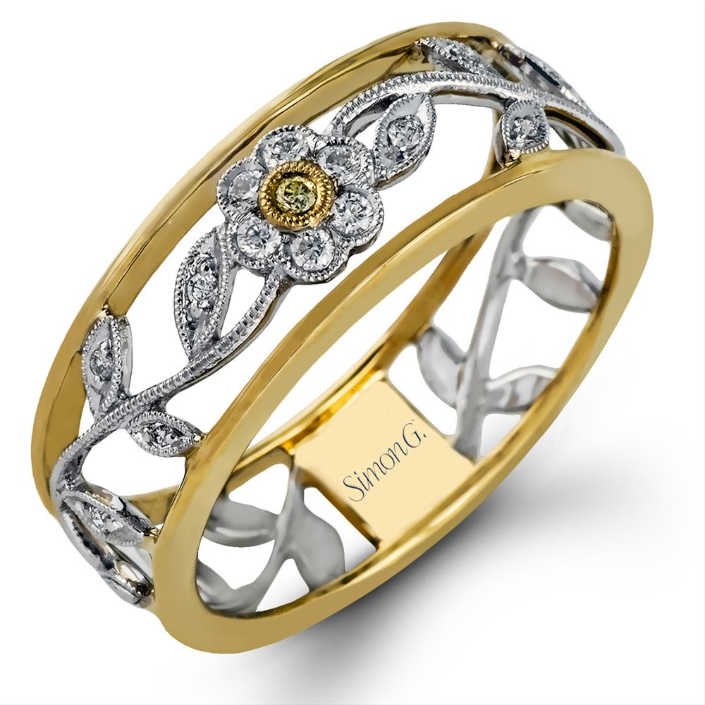 Simon G. Delicate Antique Milgrain Flower Yellow & White Diamond Ring Band MR100-D