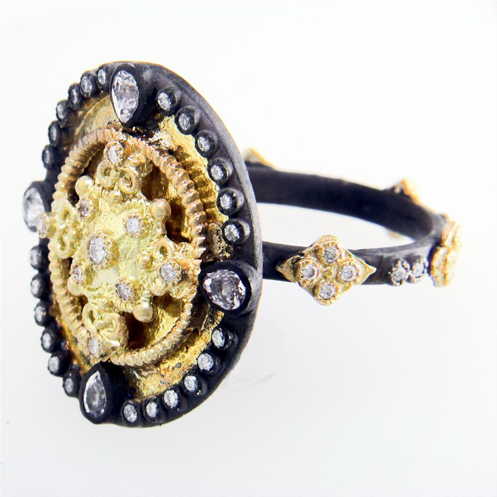 Armenta Heraldry Oval Shield Ring Gold Diamonds & White Sapphires