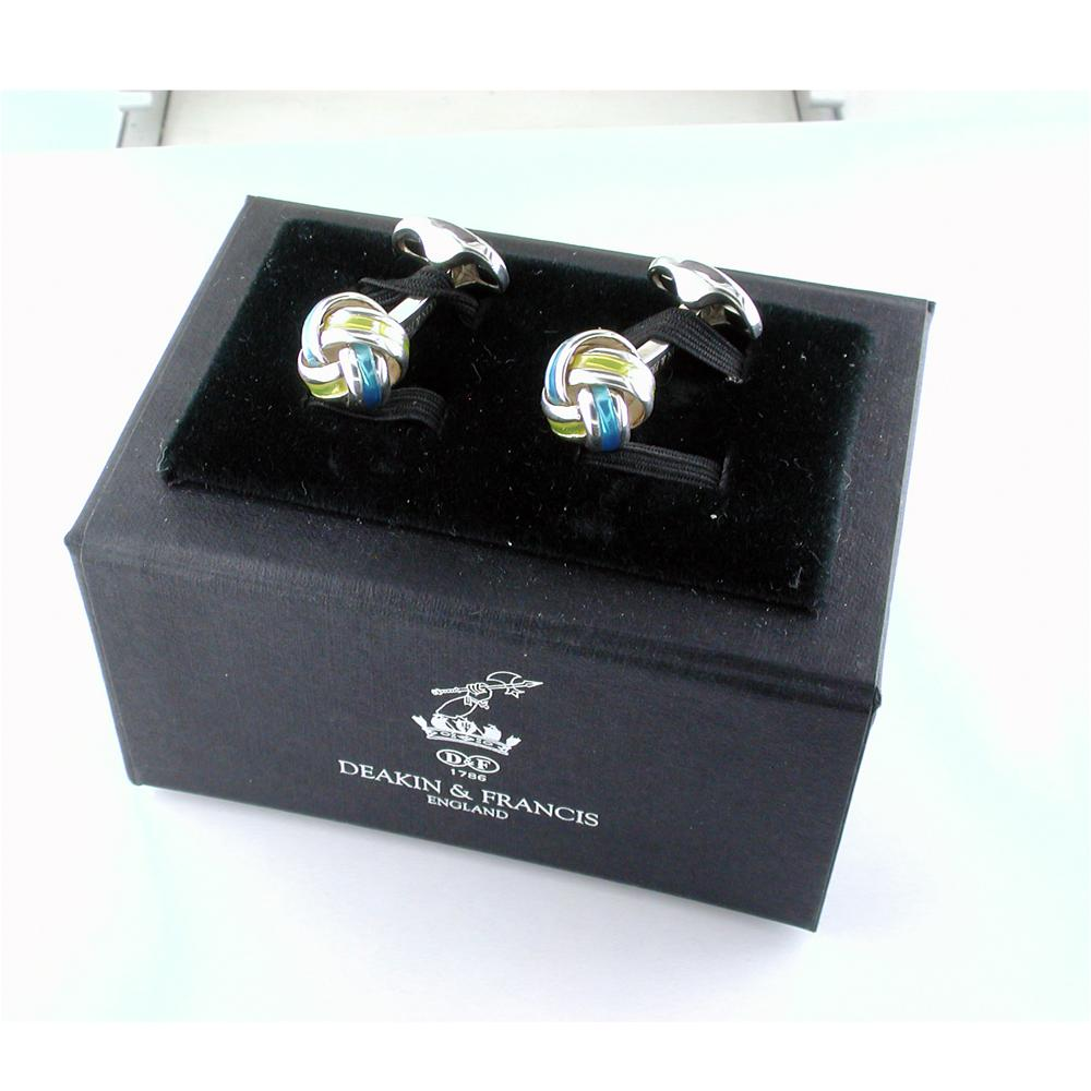 Deakin & Francis Blue & Yellow Enamel Sterling Silver Knot Cufflinks