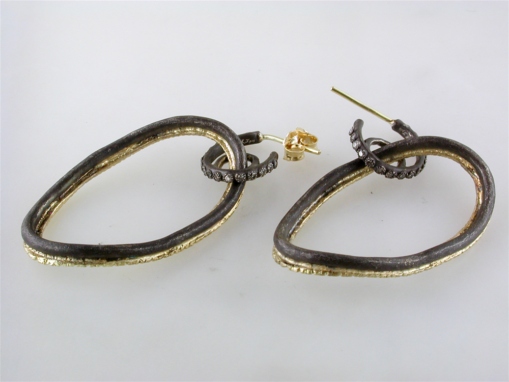 Armenta Open Oval Circle Link Drop Champagne Diamond Earrings Silver & Gold
