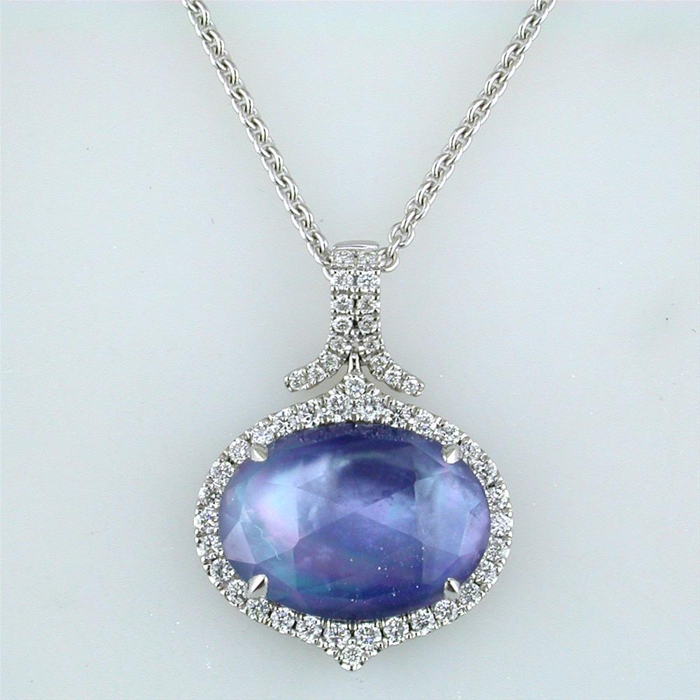 Doves Ivory Sky Blue Lapis, Mother of Pearl, & Topaz Diamond Halo Oval Pendant Necklace