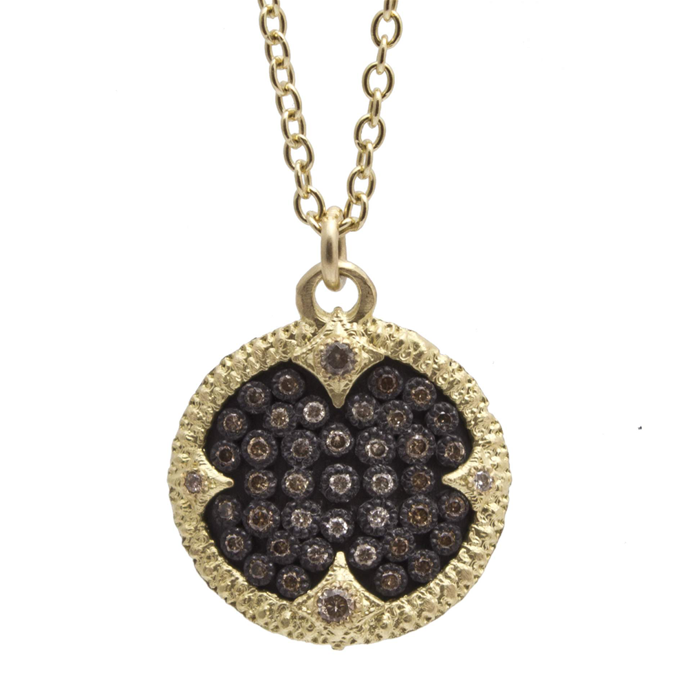 Armenta Ombre Champagne Diamond Carved Round Disc Silver & 18k Yellow Gold Pendant Necklace