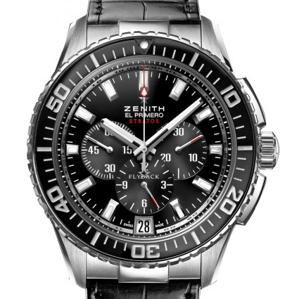 Zenith El Primero Stratos Black Flyback Leather Chronograph Watch